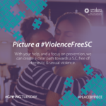 picture of Black mother and young daughter with teal and purple puzzle pieces and text "Picture a #ViolenceFreeSC, With your help, and a focus on prevention, we can create a clear path towards a S.C. free of domestic & sexual violence, #GivingTuesday #PeacebyPiece" includes SCCADVASA logo