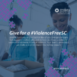 image of multicultural people packing boxes of supplies on a blue background with purple/teal puzzle pieces and text 'Give for a #ViolenceFreeSC Looking for a way to give back in lieu of your annual company holiday party? Collect gift cards to help purchase supplies for survivors of domestic & sexual violence. Your team's generosity can make a positive impact this holiday season. #PEACEBYPIECE'