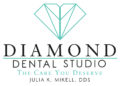 tooth-shaped diamond illustration with text that says 'Diamond Dental Studio, The Care You Deserve, Julie K. Mikell, DDS'