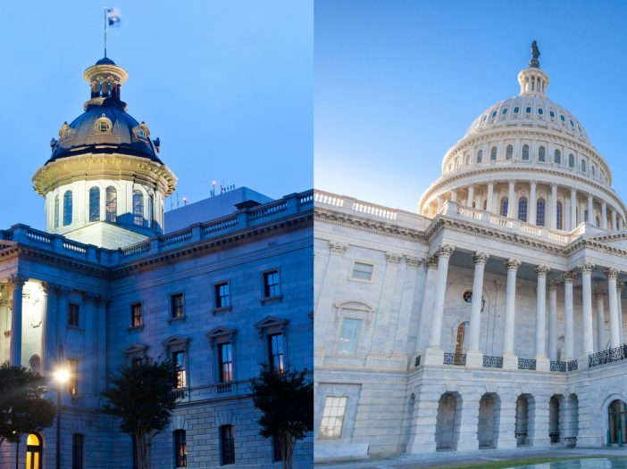 Split image of SC State House against a clear night sky with the dome lit up and the US Capitol on against a clear blue sky