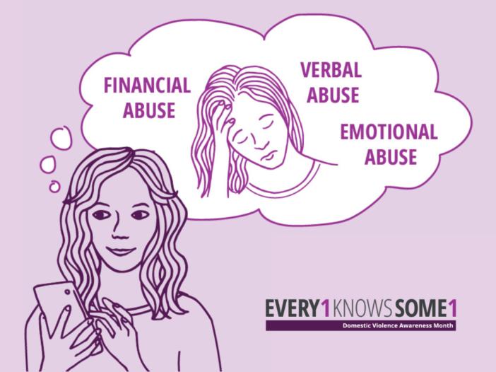 illustration of a woman looking at her phone with a thought bubble containing a distressed image of her and text 'Financial Abuse, Verbal Abuse, Emotional Abuse' also includes Ever1KnowsSome1 Domestic Violence Awareness Month logo