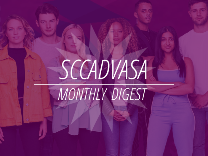 multiple diverse people stand together with serious looks on their faces with purple overlay and text that says 'SCCADVASA Monthly Digest'
