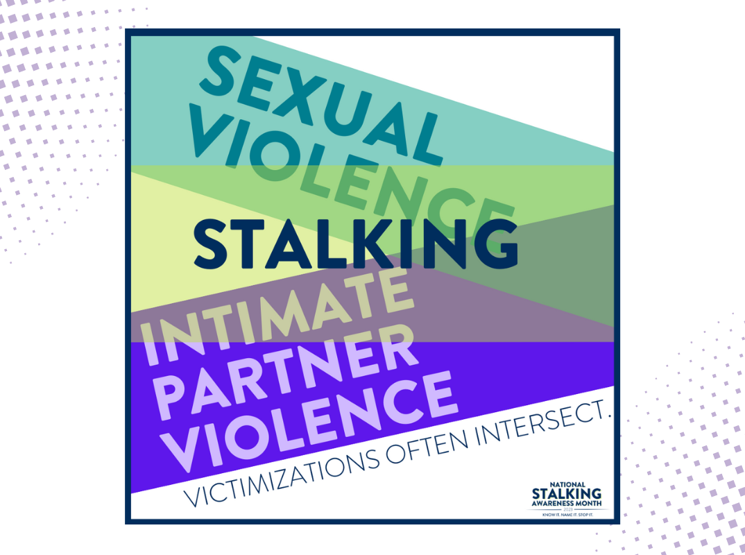 overlapping text statements that say 'Sexual violence, Stalking, Intimate Partner Violence: Victimizations Often Intersect' includes the NSAM 2023 logo from SPARC