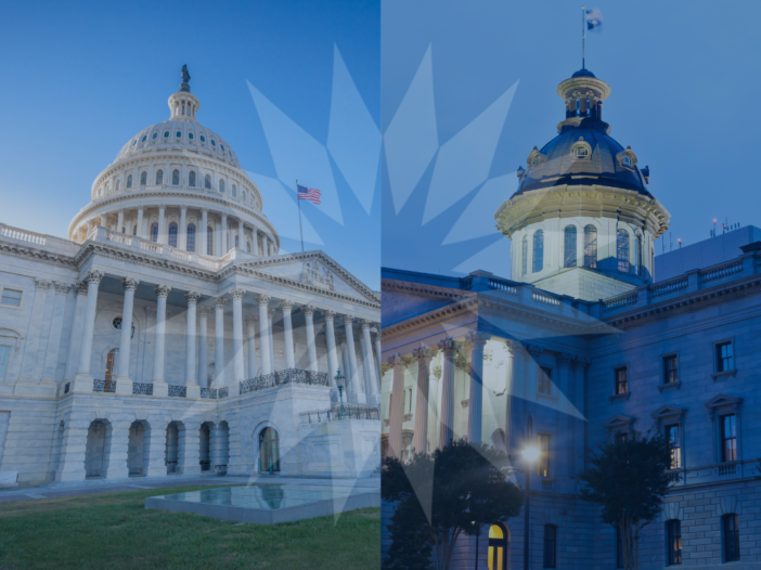 Split image of SC State House against a clear night sky with the dome lit up and the US Capitol on against a clear blue sky includes SCCADVASA 16-point star