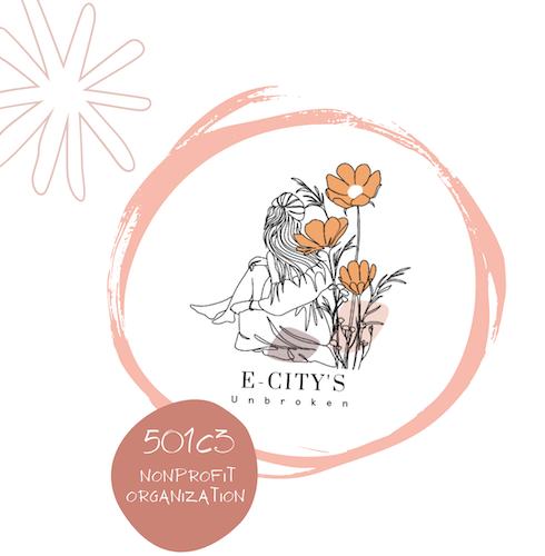 E-City's Unbroken logo including illustration of a girl sitting on the ground with her head bowed next to three flowers with text that says '501c3 nonprofit organization'