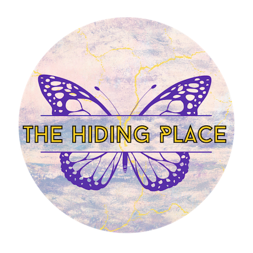 logo with purple butterfly on a marble background with text that says 'the hiding place'