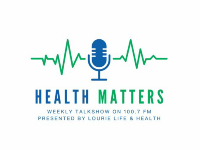 Health Matters radio show logo with microphone and text that says, "Health Matters - Weekly Talkshow on 100.7 FM Presented by Lourie Life & Health