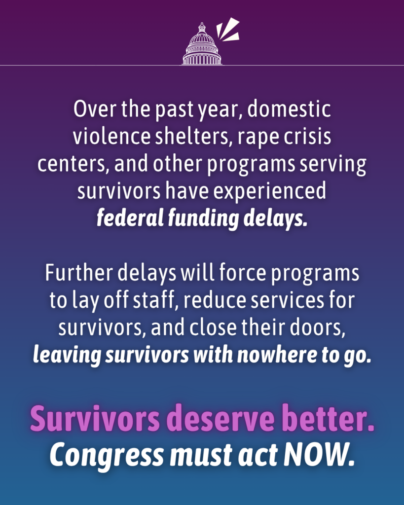 Purple graphic with text "Over the past year, domestic violence shelters, rape crisis centers, and other programs serving survivors have experienced funding delays. Further delays will force programs to lay off staff, reduce services for survivors, and close their doors, leaving survivors with nowhere to go. Survivors deserve better. Congress must act now.