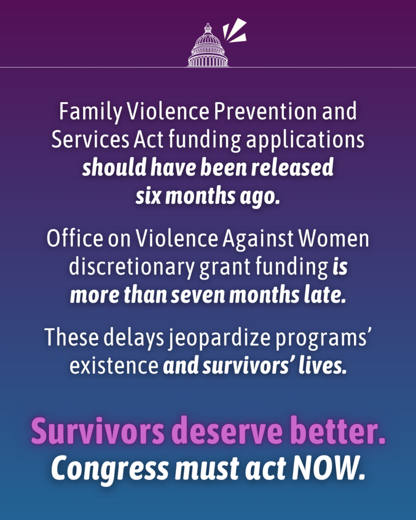 Purple graphic with text "Family Violence Prevention and Services Act funding applications should have been released six months ago. Office on Violence Against Women discretionary grant funding is more than seven months late. These delays jeopardize programs' existence and survivors' lives. Survivors deserve better. Congress must act now.